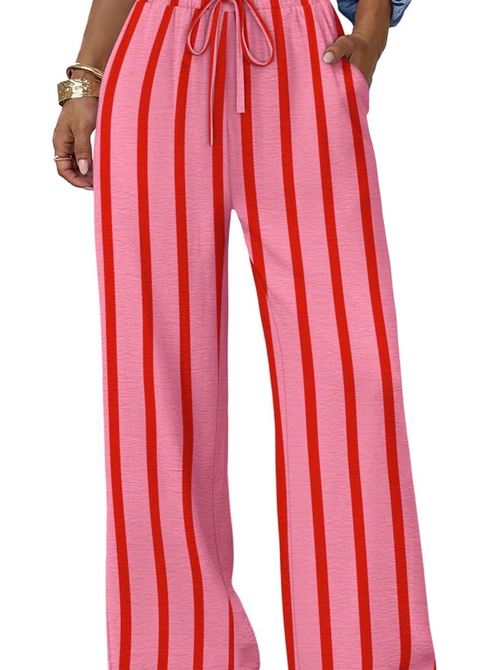 Striped Wide-Leg Drawstring Pants - Pink & Red - Picture 2 of 3